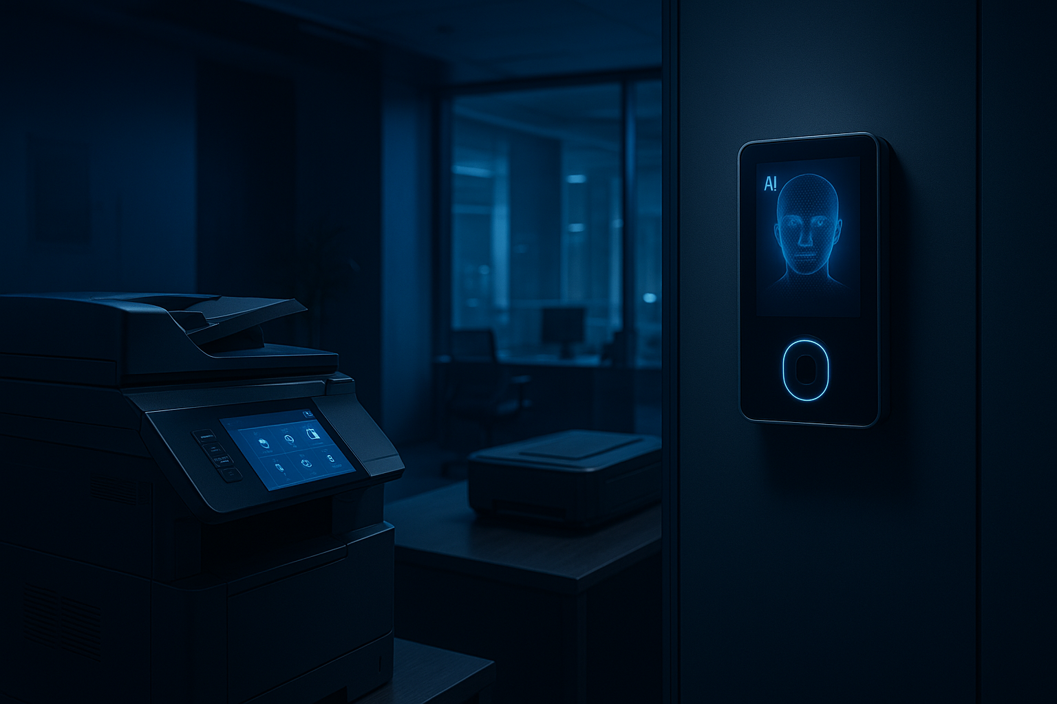 تصویر واقع‌گرایانه از پرینتر و اسکنر هوشمند مجهز به هوش مصنوعی در یک دفتر کاری مدرن با نورپردازی آبی تیره