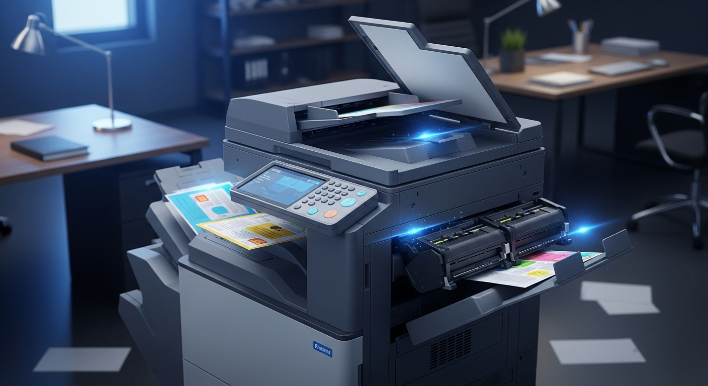یک دستگاه فتوکپی رنگی مدرن (MFP) در محیط اداری حرفه‌ای، در حال چاپ اسناد رنگی با سینی‌های باز و کارتریج‌های قابل مشاهده، با نورپردازی و بافت‌های واقع‌گرایانه، نمایانگر چاپ بهینه و کارآمد در دفتر.
