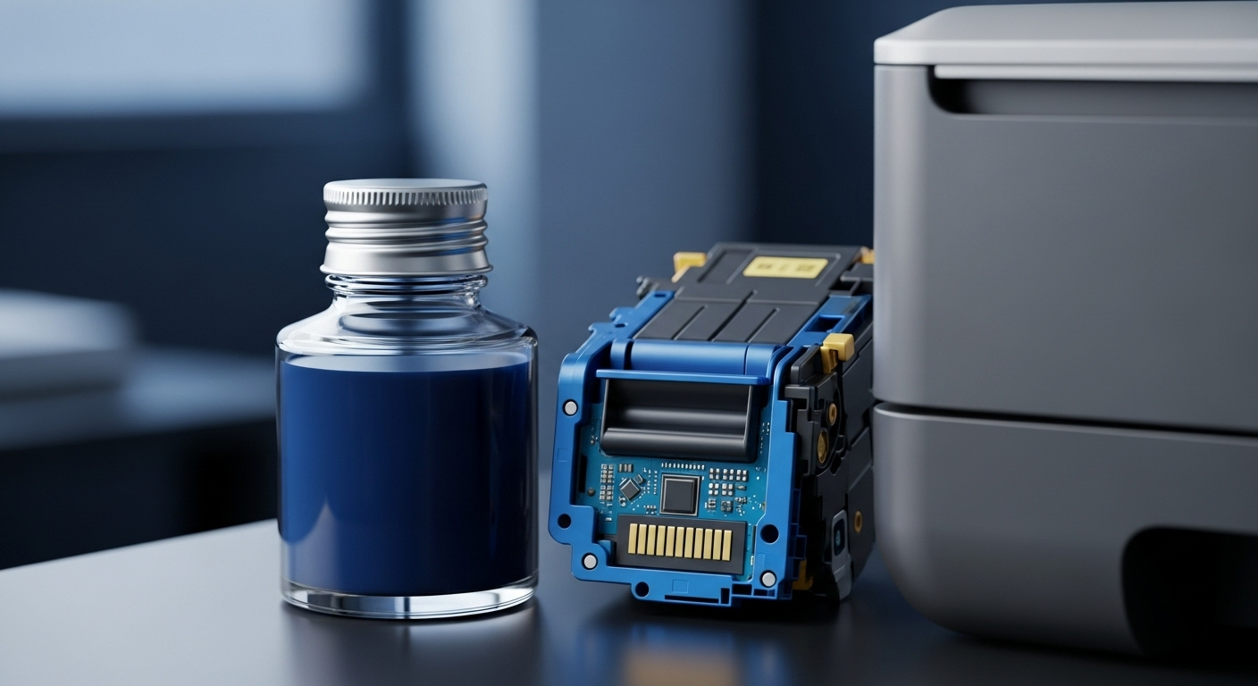 تصویر نزدیک از کارتریج پرینتر باکیفیت در کنار دستگاه پرینتر مدرن در محیط اداری