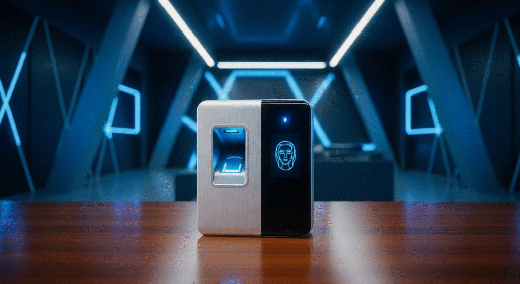 تصویر یک دستگاه حضور و غیاب بیومتریک شامل حسگر اثرانگشت و سیستم تشخیص چهره در یک محیط اداری مدرن